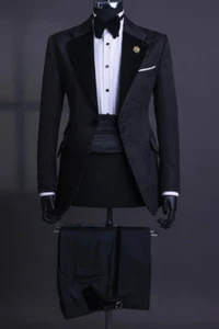 Hombre Traje Negro Paisley Floral Novio Fiesta Baile de graduación Esmoquin Boda 2 Piezas Personalizado - Imagen 1 de 8