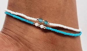 Set of 2 Glass Bead Elastic Turquoise and White ankle bracelet foot anklet 25cm - Picture 1 of 1