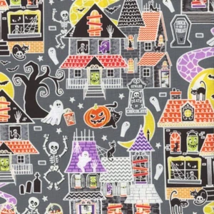 Halloween Thrills Chills Haunted House Fabric Halloween Kanvas By the Yard - Picture 1 of 1