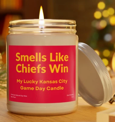 Vela perfumada personalizable Kansas City Chiefs Win cera de soja 9 oz decoración de fútbol americano Foto 1 de 4