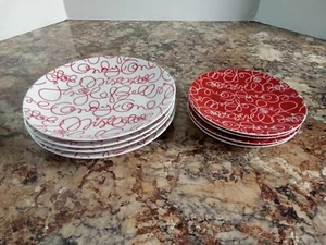 Set of 8 Crate and Barrel Red White Script Holiday Plates 2004 Artwork Christmas - Picture 1 of 6