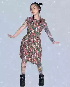RUN & FLY Christmas Cuties Stretch Twill Belted Tea Dress Pockets! Santa snowman - Picture 1 of 6