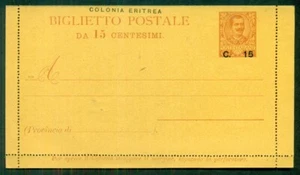 Tarjeta carta ERITREA, 1905, 15c sobre 20c (H&G A6), sin usar, en muy buen estado - Imagen 1 de 1
