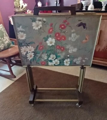 Folding TV Trays Cart Retro Mid Century W/ Stand Set of four Rolling Stand NICE! - Image 1 of 4