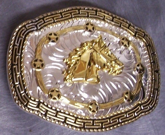 Pewter Belt Buckle Animal Horse Head and Stars 2 Tone