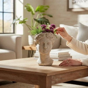 36CM Zement Garten Römer Frauenkopf Osterinsel Pflanztopf Pflanzgefäß TIKI Ornament - Bild 1 von 13