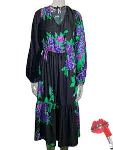 Vestido Anthropologie Hope For Flowers Tracy Reese Grande Negro Floral Midi Lino - Imagen 1 de 17