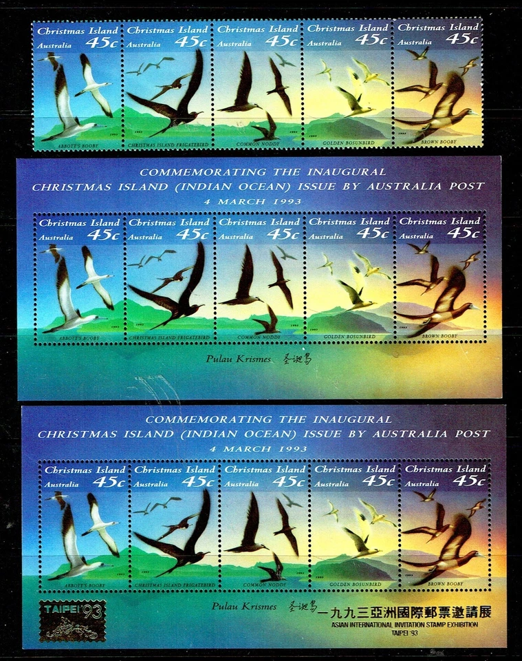CHRISTMAS ISLAND.1993 SEABIRDS 1993.STRIP & 1.MINI SHEET.+ 1.OPT TAIPEI MNH SCAN - Image 1 of 1
