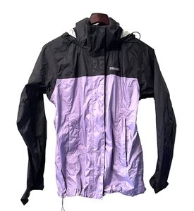 MARMOT BLACK PURPLE ZIP PACKABLE HOODED WINDBREAKER RAIN COAT JACKET WOMEN SMALL - Picture 1 of 4