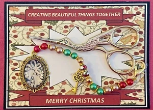 CHRISTMAS HANDMADE BEAD & PENDANT FOB WITH VINTAGE STYLE STORK SCISSORS - Picture 1 of 3