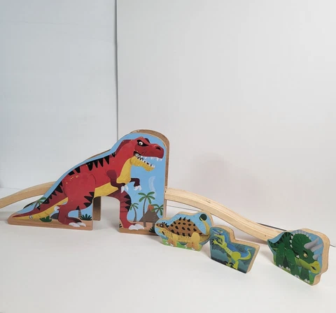 6pc - T-Rex Dinosaur Tunnel Bridge Wooden Railway Train Track with Dino Cut Outs Cover