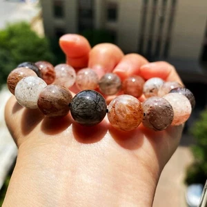12.5mm Natural Black Gold Rutilated Quartz Crystal Beads Bracelet AAA C01015 - Picture 1 of 6