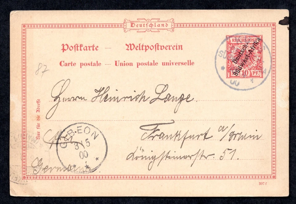 НЕМЕЦКАЯ ВОСТОЧНАЯ АФРИКА 1900 ДЕСЯТЬ PF. ПОЧТОВАЯ КАРТОЧКА ПРИВЯЗАНА «KUES» ДАТИРОВАННАЯ ОТМЕНА В СИНИЙ - Изображение 1 из 2