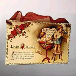 Valentine's Day Love's Message Cherubs Hearts And Flowers Hanging Wooden Plaque  - Picture 1 of 3