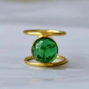 Green Chrome Diopside Quartz Sterling Silver Yellow Gold Double Band Gift Ring - Picture 1 of 5