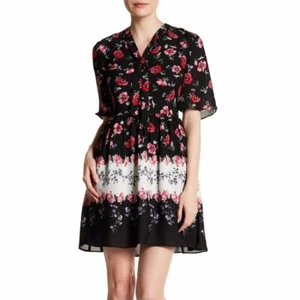 CeCe 10 Woman's Black Elise Floral Dress Short Sleeve Tie Neck NEW - Picture 1 of 5