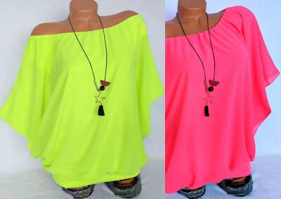 ITALY MODA Chiffonbluse Tunika mit Untertop Übergröße Carmen Hot Neon Tuniken 42 44 46 48