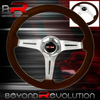 Volante central cromado madeira escura prato fundo 6 parafusos 345 mm botão Godsnow - Imagem 1 de 4