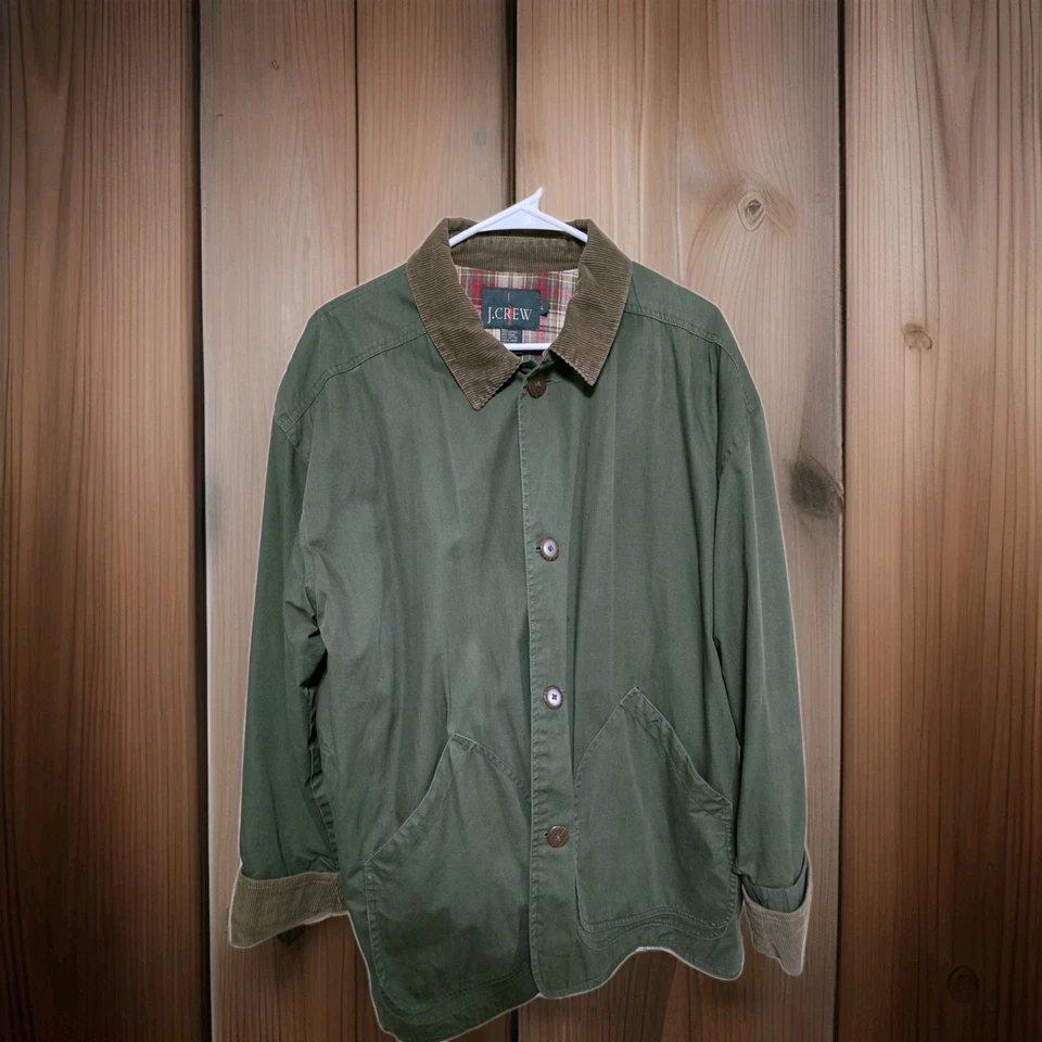 J Crew Oarsman 夹克男式 L 绿色谷仓外套灯芯绒领户外工作服 — 第 1/4 张图片