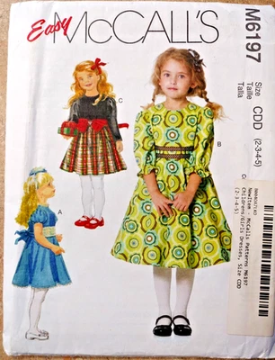EASY Girl's Lined Dresses, McCalls M6197 Sizes 2 3 4 5 Sleeve & Trim Variations - Image 1 of 4