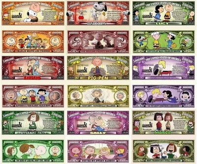 Peanuts Set of 9 ~ Million Dollar Bill Funny Money Novelty Notes + Free Sleeves - Image 1 of 4