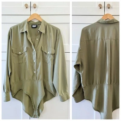 Vintage DKNY Black Label Silken Lace Bodysuit, French Cuffs (Olive Green) - Image 1 of 4