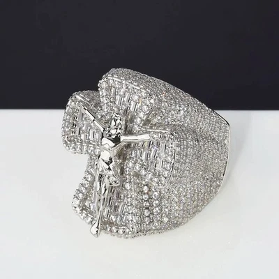 Anel masculino Dazzling Jesus Cross grande rosa tamanho 7,8,9,10 chapeamento de ouro branco 18k - Imagem 1 de 4