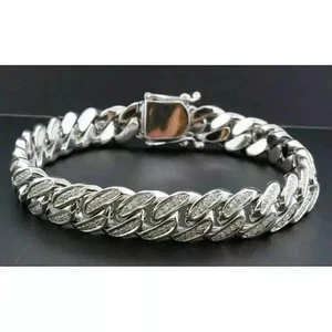 10Ct Round Cut Real Moissanite Men's Cuban Bracelet 14K White Gold Plated - Picture 1 of 5