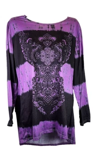 STARVNC Women Long Sleeve Boho Printing Purple & Black Colorblock Tunic Top - Picture 1 of 5