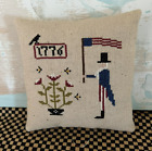 Prim Finished completed cross stitch pillow Uncle Sam flag 1776 tuck patriotic