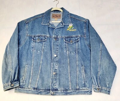 VTG Port Authority Jacket Men Blue Denim Trucker Fit Seabees Embroidered 2 Sides - Image 1 of 4