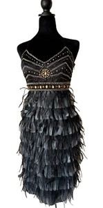 J PETERMAN Black Jeweled Ostrich Feather Evening Cocktail Dress Size 10 NWT - Picture 1 of 13