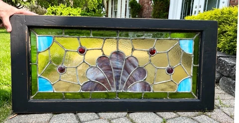 antique Victorian STAINED Leaded GLASS  TRANSOM Window w/ JEWELS Cover