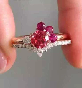 2Ct Round Cut Lab-Created Ruby Bridal Set Wedding Ring 14K Yellow Gold Plated - Picture 1 of 10