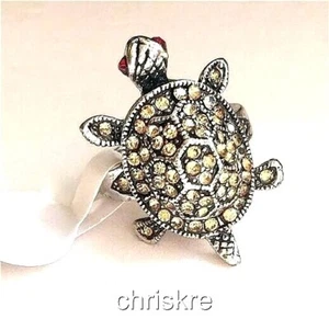 Crystal Sea Turtle Cocktail Ring Size 5 6 Silver Plated Island Nautical Peach - Picture 1 of 9