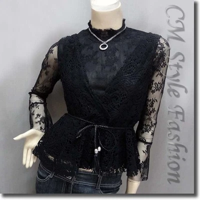 2-Piece Lace Turtleneck Long Sleeve Blouse Top with Crochet Vest Black S Foto 1 de 4
