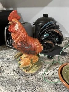 12 Inch Resin Rooster With Corn At Feet Colorful Iridescent On Some Feathers - Picture 1 of 15