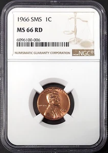 1966 SMS Lincoln Cent graded MS 66 RD by NGC! sku 0-006 - Picture 1 of 4