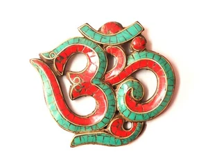 Handmade Sanskrit OM Wall Hanging – Coral & Turquoise Inlaid on Wood - Picture 1 of 1