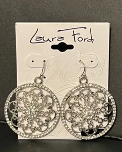 Laura Ford Earrings Silver Tone Crystal Filigree Snowflakes Drop Dangle Pierced - Picture 1 of 4