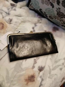 Geldbörse Damen Clutch Schwarz Vinyl Doppelrahmen Gold Time & Tru Marke - Bild 1 von 18