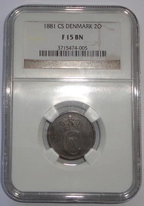 DENMARK  COIN 2 ORE 1881  NGC  F 15  BN  - Picture 1 of 2