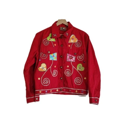 Vintage 90s Patchwork Applique Jacket Red Button Up Hearts Swirl Western Medium - Image 1 of 4