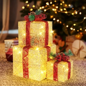 3 Pack Christmas Lighted Gift Boxes Present Parcel Boxes LED Lights (6",8",10") - Picture 1 of 8