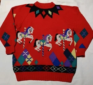 Suéter de Lana Vintage Berek Tejido a Mano Rojo Carrusel Caballos Talla L - Imagen 1 de 6
