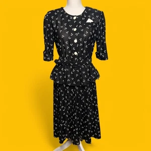 Vintage 80s Retro 40s Size Medium Black White Print Belted Peplum Dress Career - Picture 1 of 12