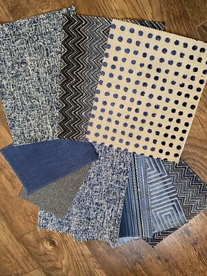 Fabric Samples Upholstery Blue Mixed Media Collage Craft Patchwork Pieces Art - Image 1 of 4