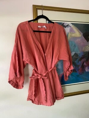 Frances Hart Maternity Linen Tie Top Bell Sleeve Boho Small Rose Coral - Image 1 of 4