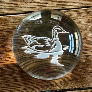 Vintage Clear Reverse Etched Frosted Ducks Glass Dome Paperweight 3 1/2” - Picture 1 of 5