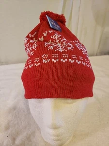 Boys and Girls Size M  Knit Flannel  Lined Beanie Hat . Showing Snow Flakes Red  - Picture 1 of 11